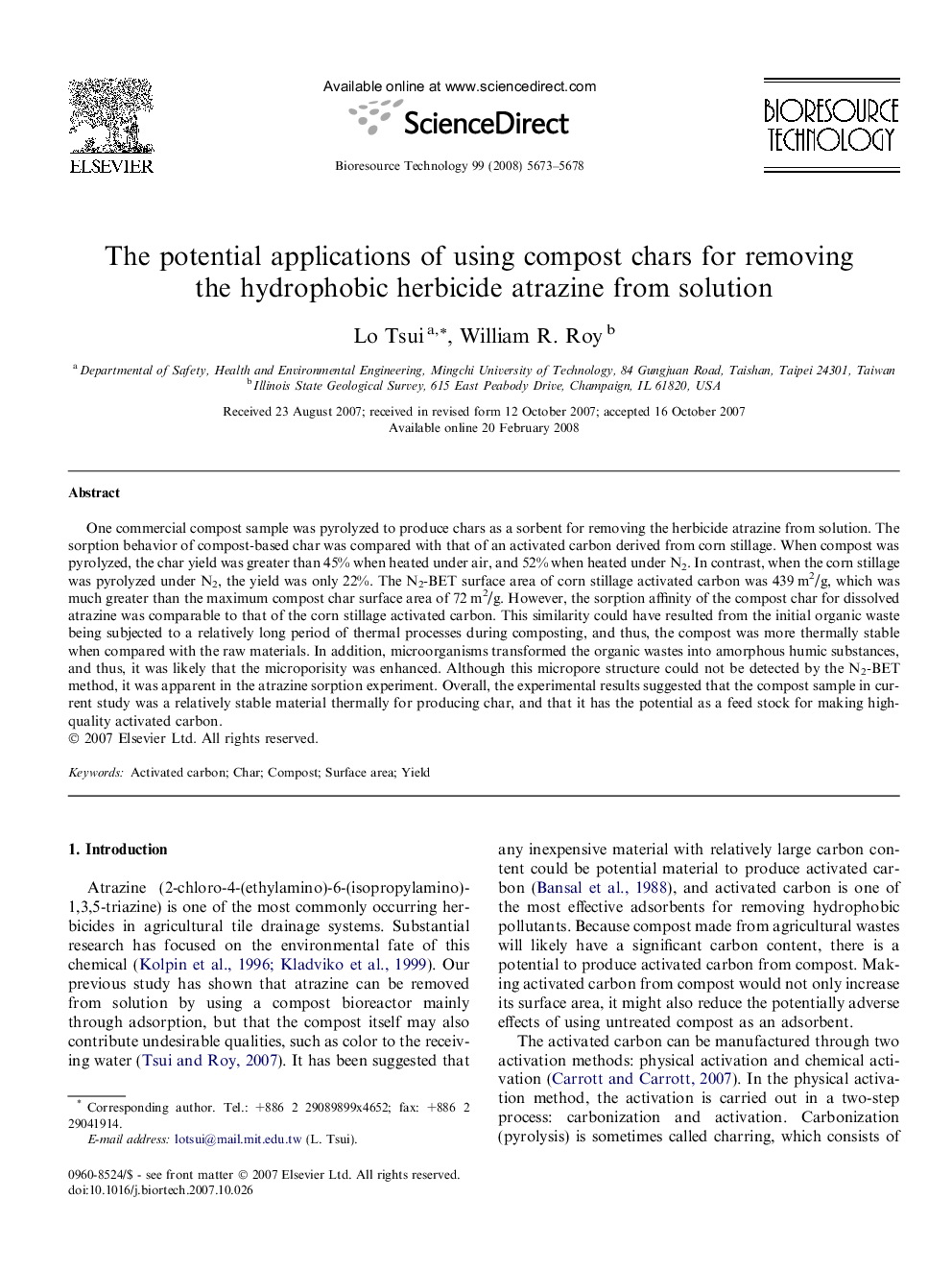 The potential applications of using compost chars for removing the hydrophobic herbicide atrazine from solution