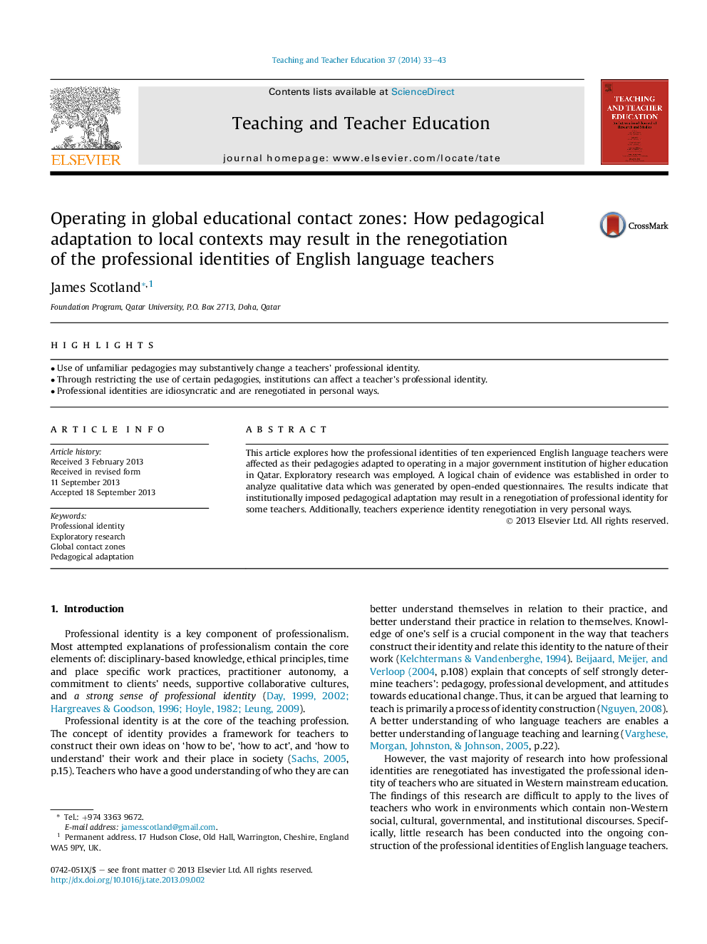 Operating in global educational contact zones: How pedagogical adaptation to local contexts may result in the renegotiation of the professional identities of English language teachers