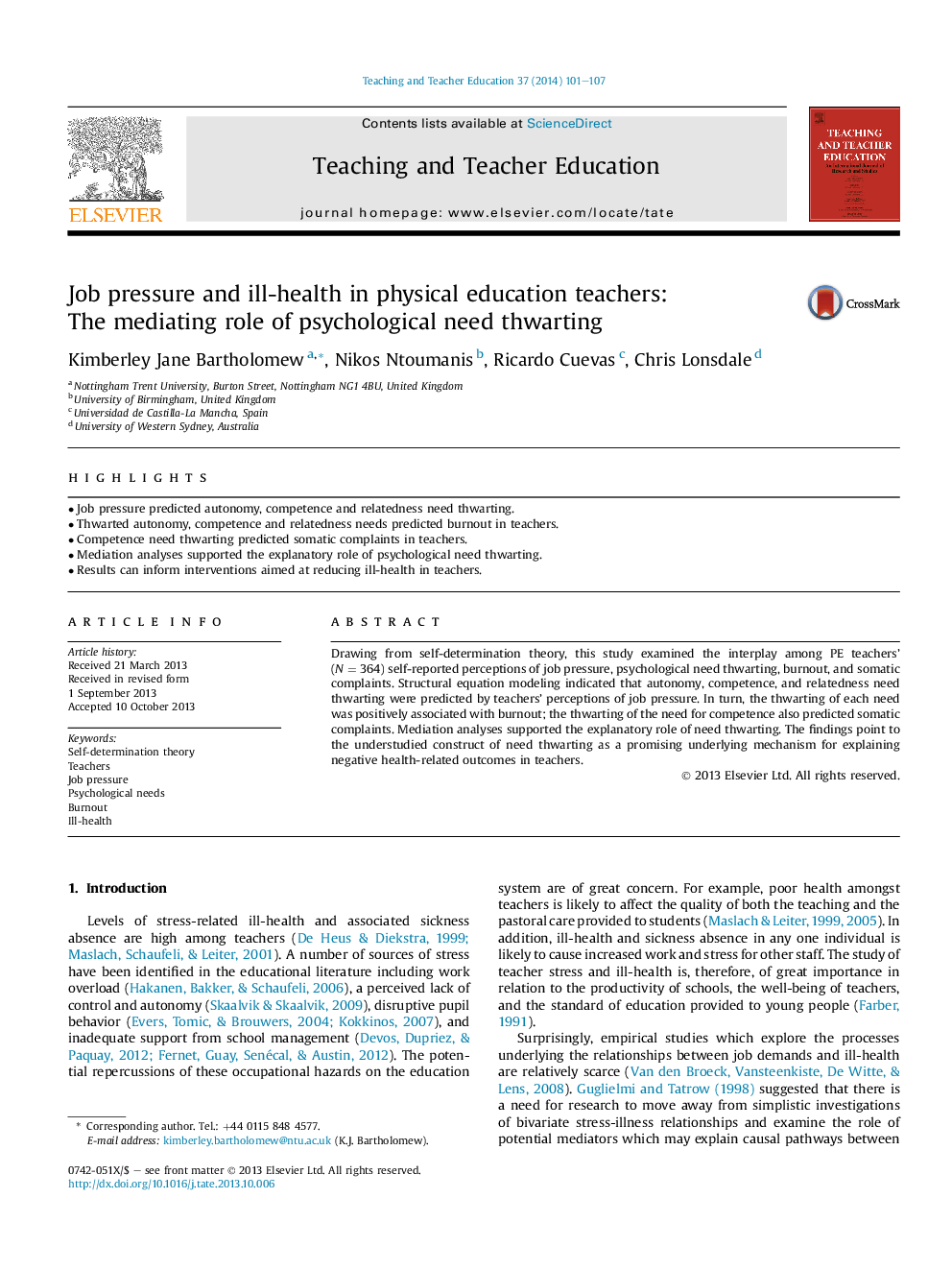 Job pressure and ill-health in physical education teachers: TheÂ mediating role of psychological need thwarting