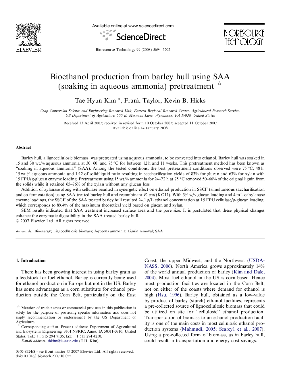 Bioethanol production from barley hull using SAA (soaking in aqueous ammonia) pretreatment 