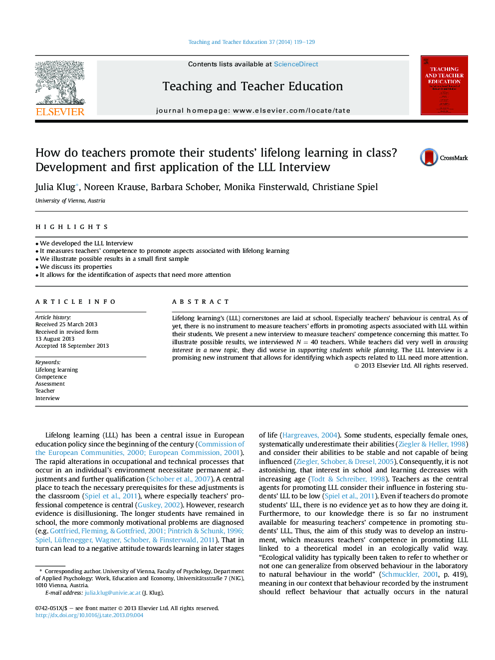 How do teachers promote their students' lifelong learning in class? Development and first application of the LLL Interview