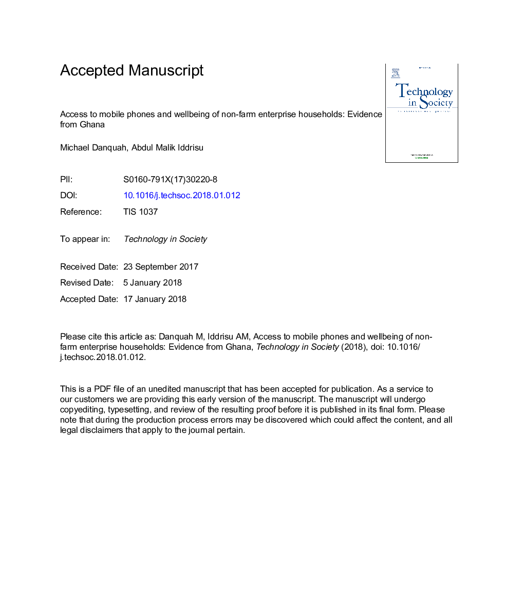 Access to mobile phones and the wellbeing of non-farm enterprise households: Evidence from Ghana