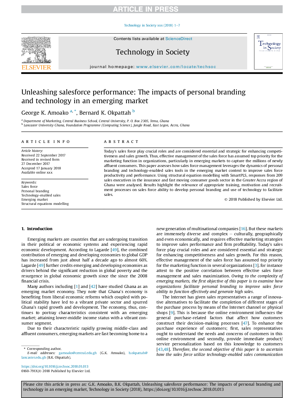 Unleashing salesforce performance: The impacts of personal branding and technology in an emerging market