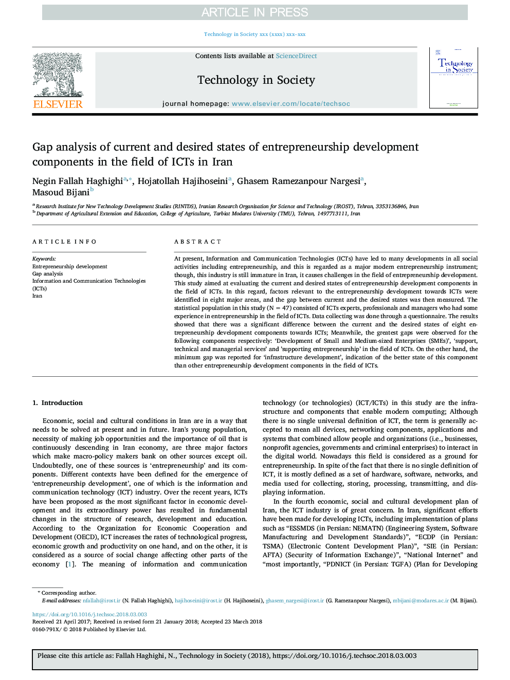 Gap analysis of current and desired states of entrepreneurship development components in the field of ICTs in Iran