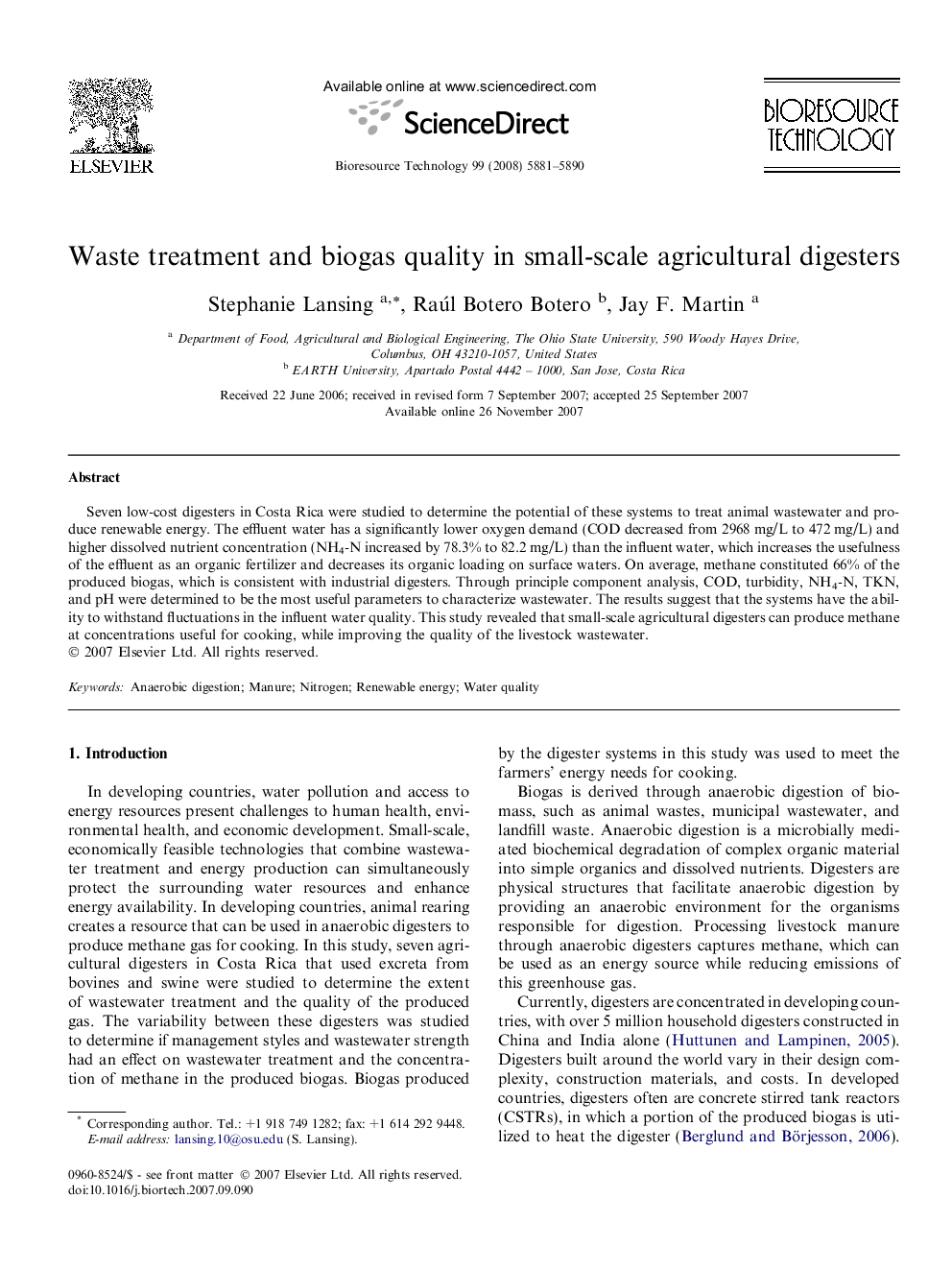 Waste treatment and biogas quality in small-scale agricultural digesters