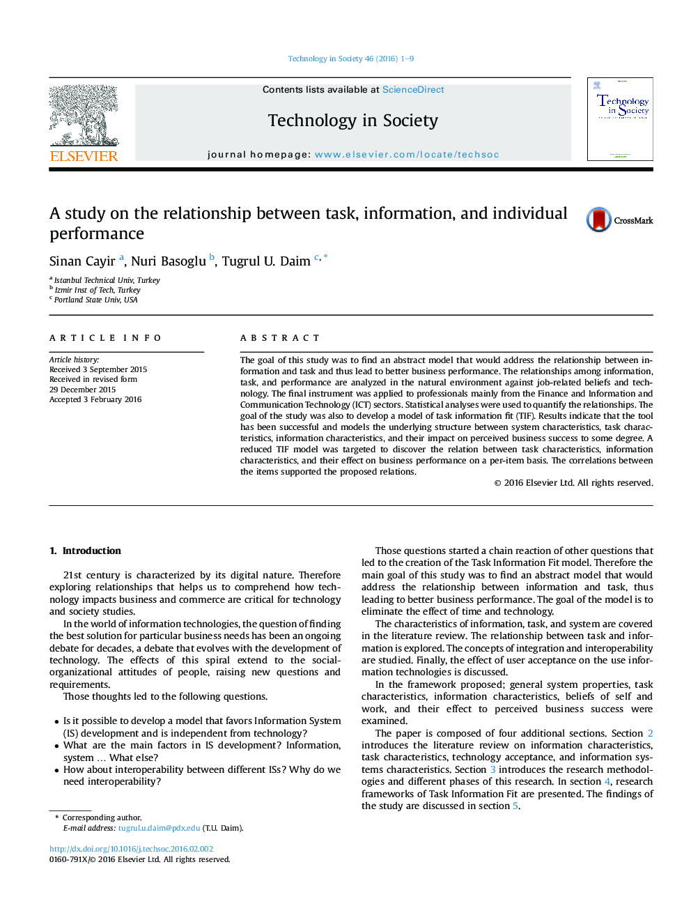 A study on the relationship between task, information, and individual performance