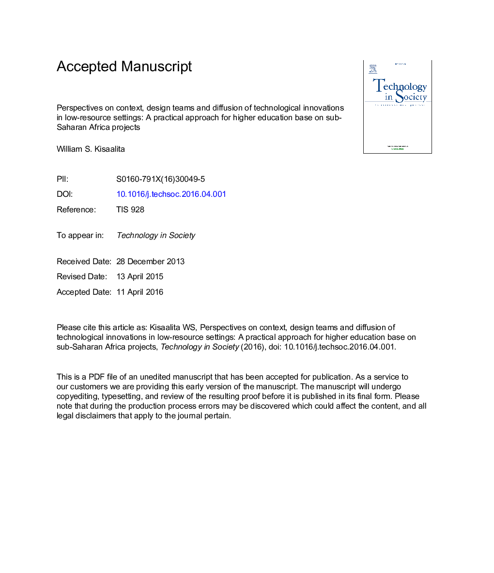 Perspectives on context, design teams and diffusion of technological innovations in low-resource settings: A practical approach based on sub-Saharan African projects