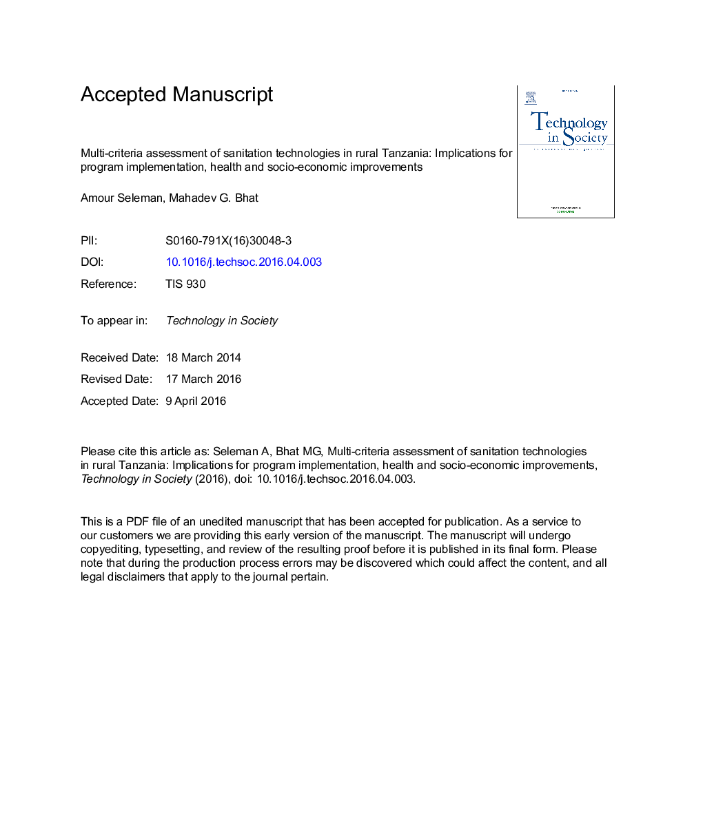 Multi-criteria assessment of sanitation technologies in rural Tanzania: Implications for program implementation, health and socio-economic improvements