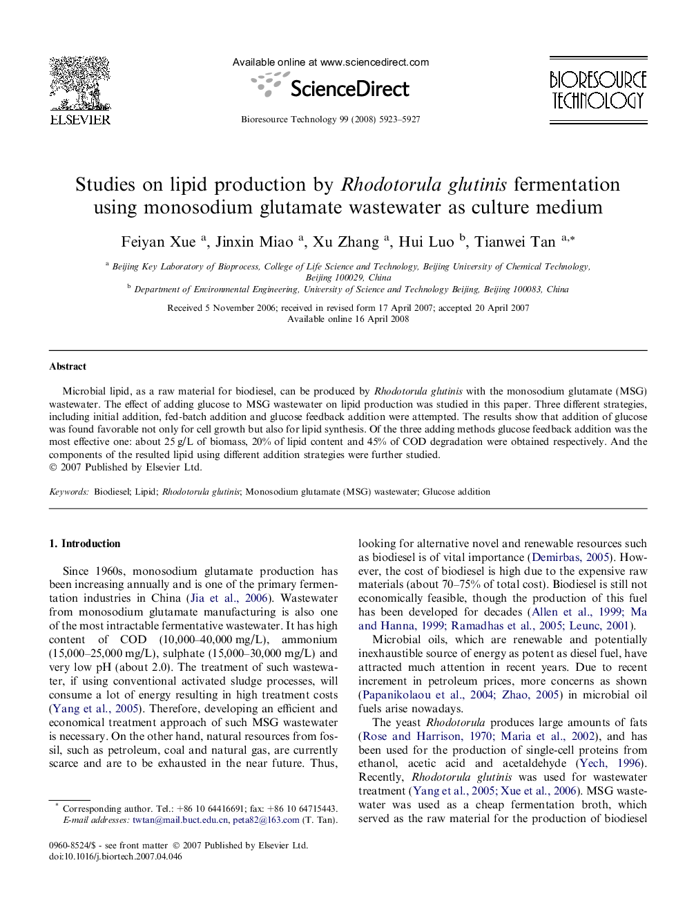 Studies on lipid production by Rhodotorula glutinis fermentation using monosodium glutamate wastewater as culture medium