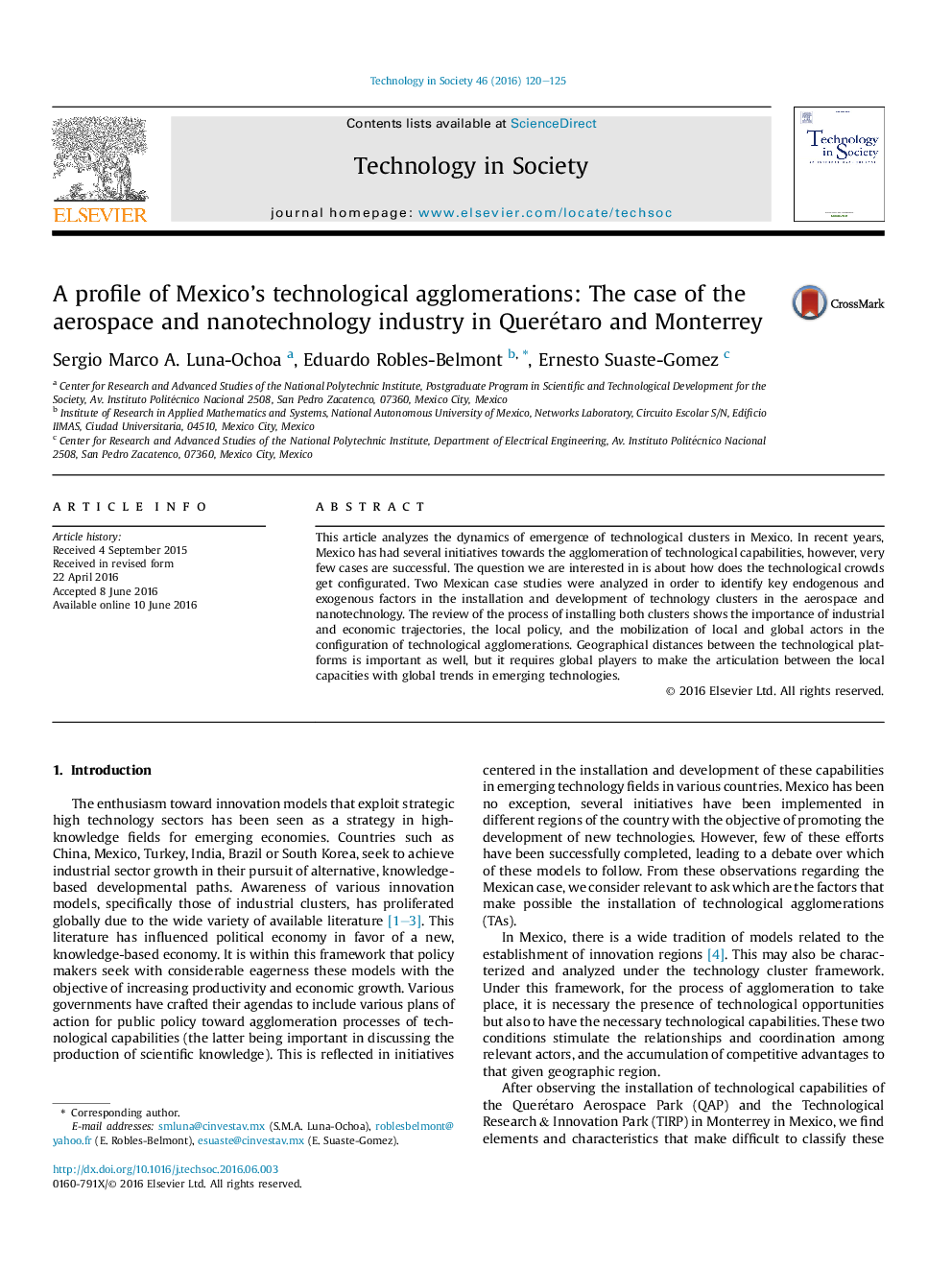 A profile of Mexico's technological agglomerations: The case of the aerospace and nanotechnology industry in Querétaro and Monterrey