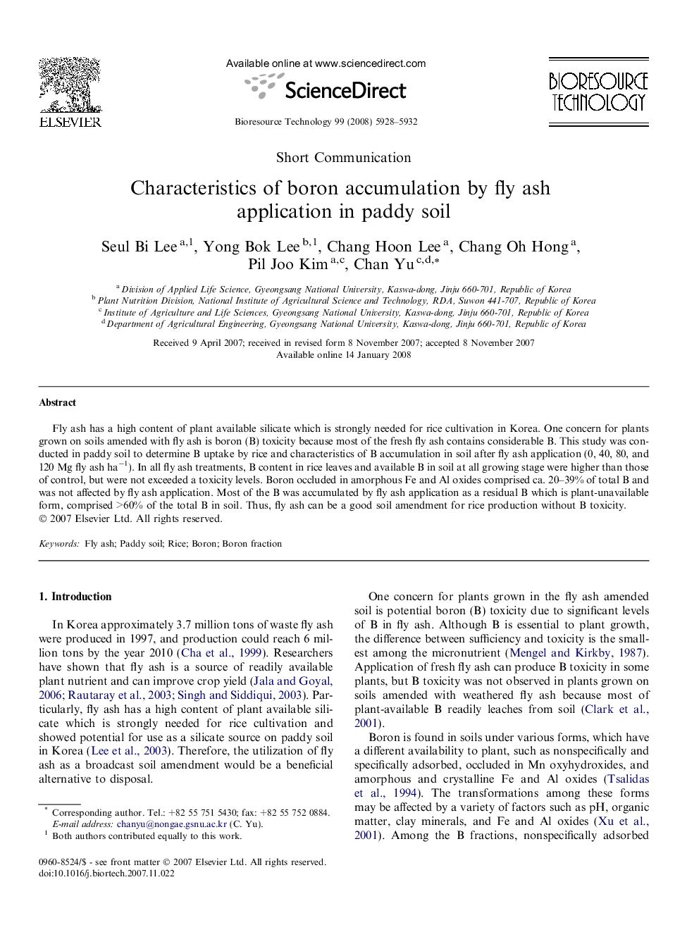 Characteristics of boron accumulation by fly ash application in paddy soil