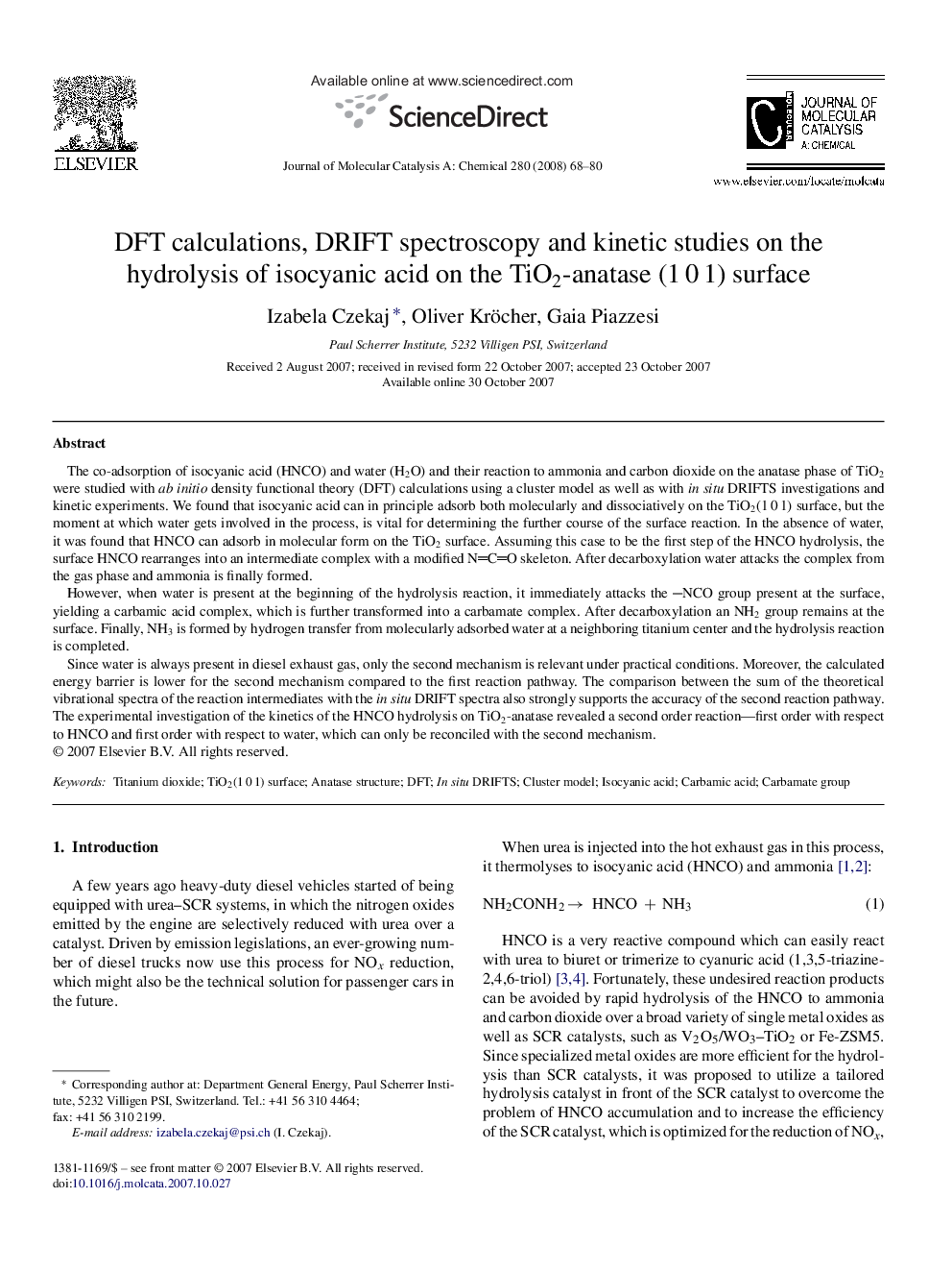 DFT calculations, DRIFT spectroscopy and kinetic studies on the hydrolysis of isocyanic acid on the TiO2-anatase (1 0 1) surface