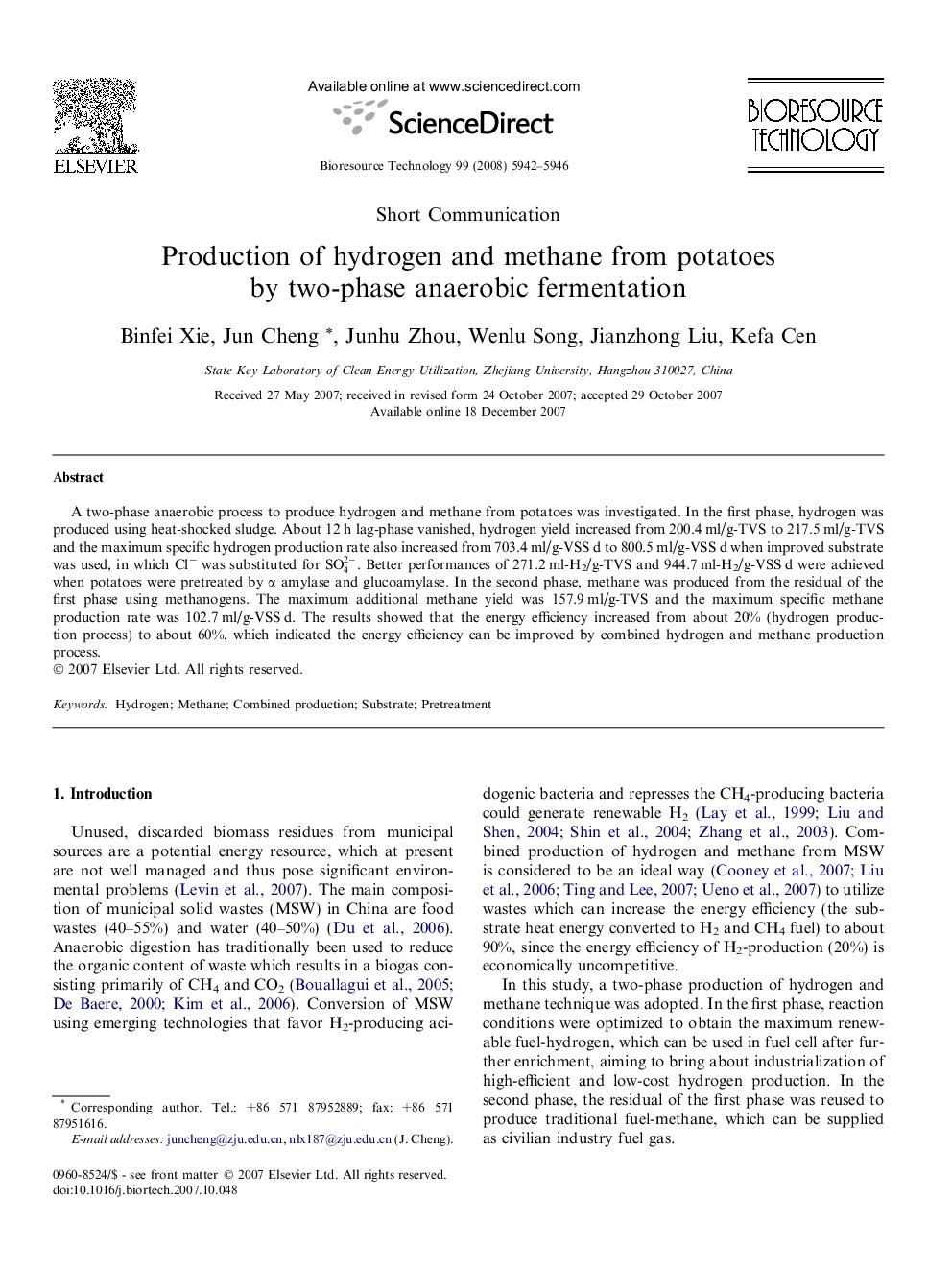 Production of hydrogen and methane from potatoes by two-phase anaerobic fermentation