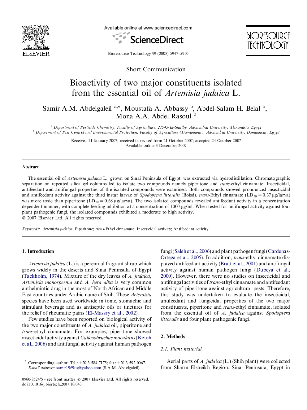 Bioactivity of two major constituents isolated from the essential oil of Artemisia judaica L.