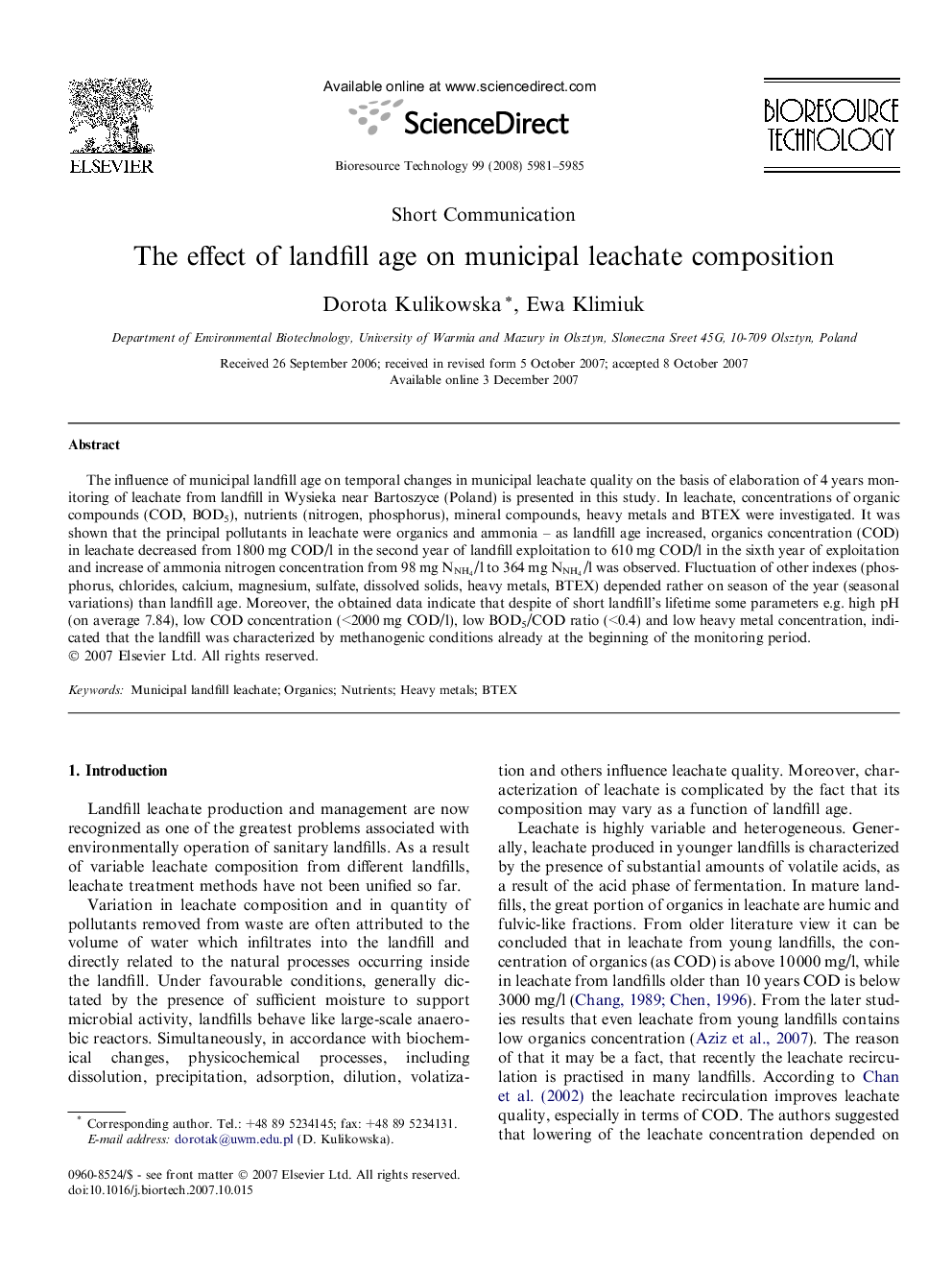 The effect of landfill age on municipal leachate composition