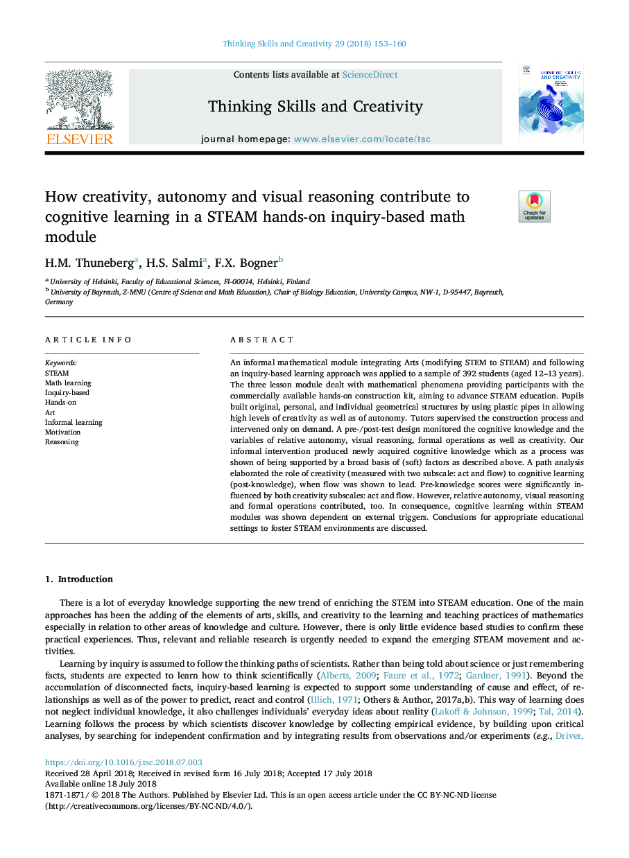 How creativity, autonomy and visual reasoning contribute to cognitive learning in a STEAM hands-on inquiry-based math module