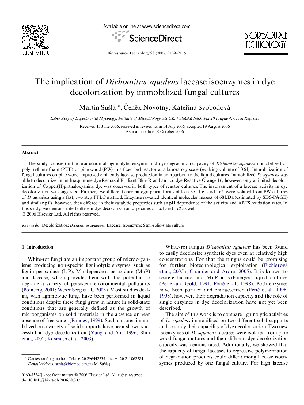 The implication of Dichomitus squalens laccase isoenzymes in dye decolorization by immobilized fungal cultures