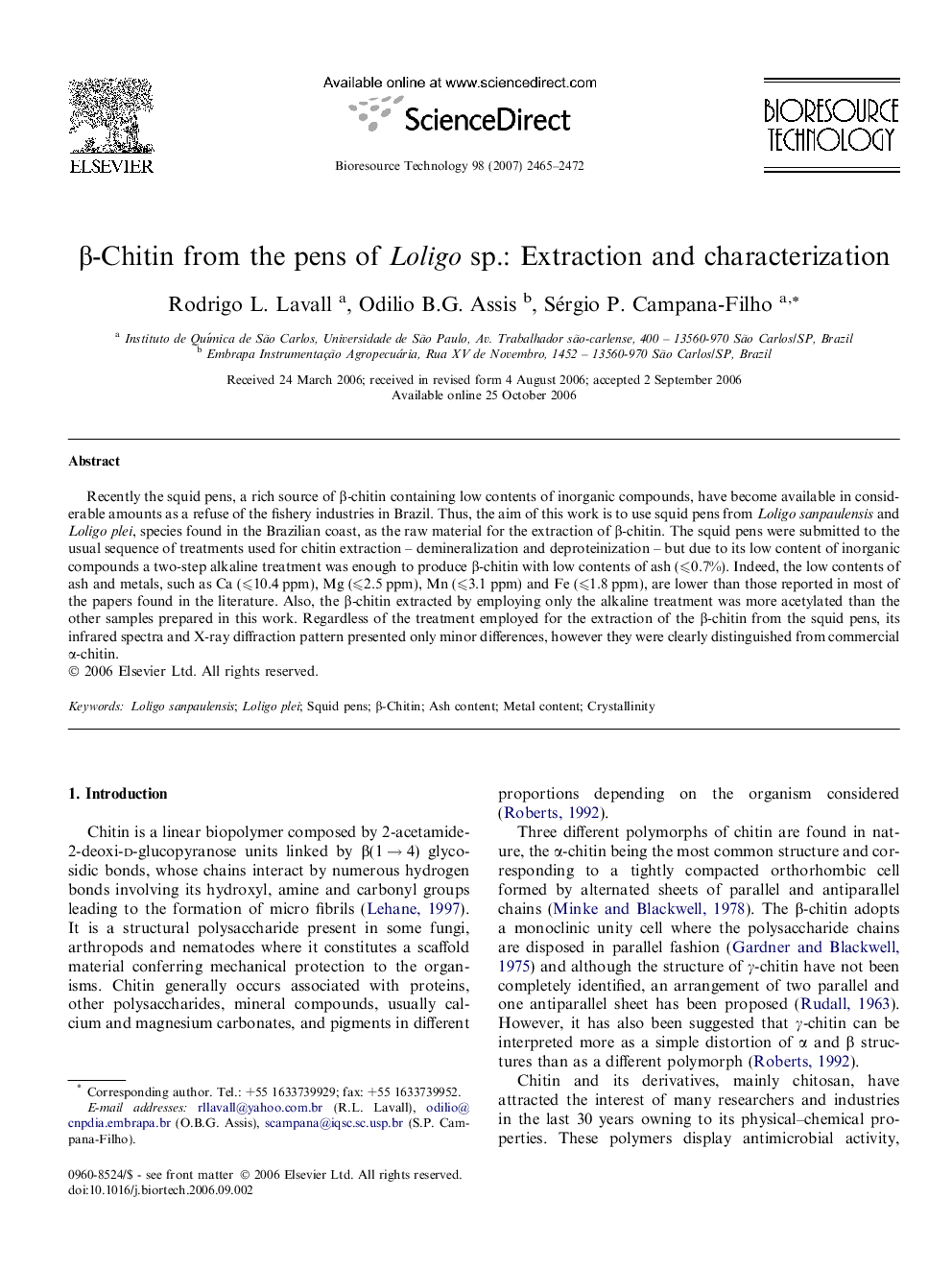 β-Chitin from the pens of Loligo sp.: Extraction and characterization