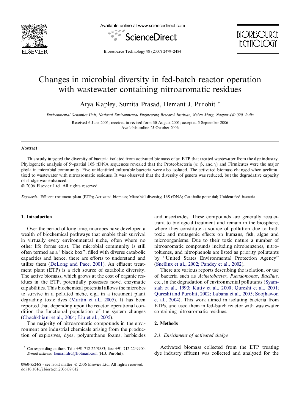 عکس صفحه اول مقاله: Changes in microbial diversity in fed-batch reactor operation with wastewater containing nitroaromatic residues Changes in microbial diversity in fed-batch reactor operation with wastewater containing nitroaromatic residues