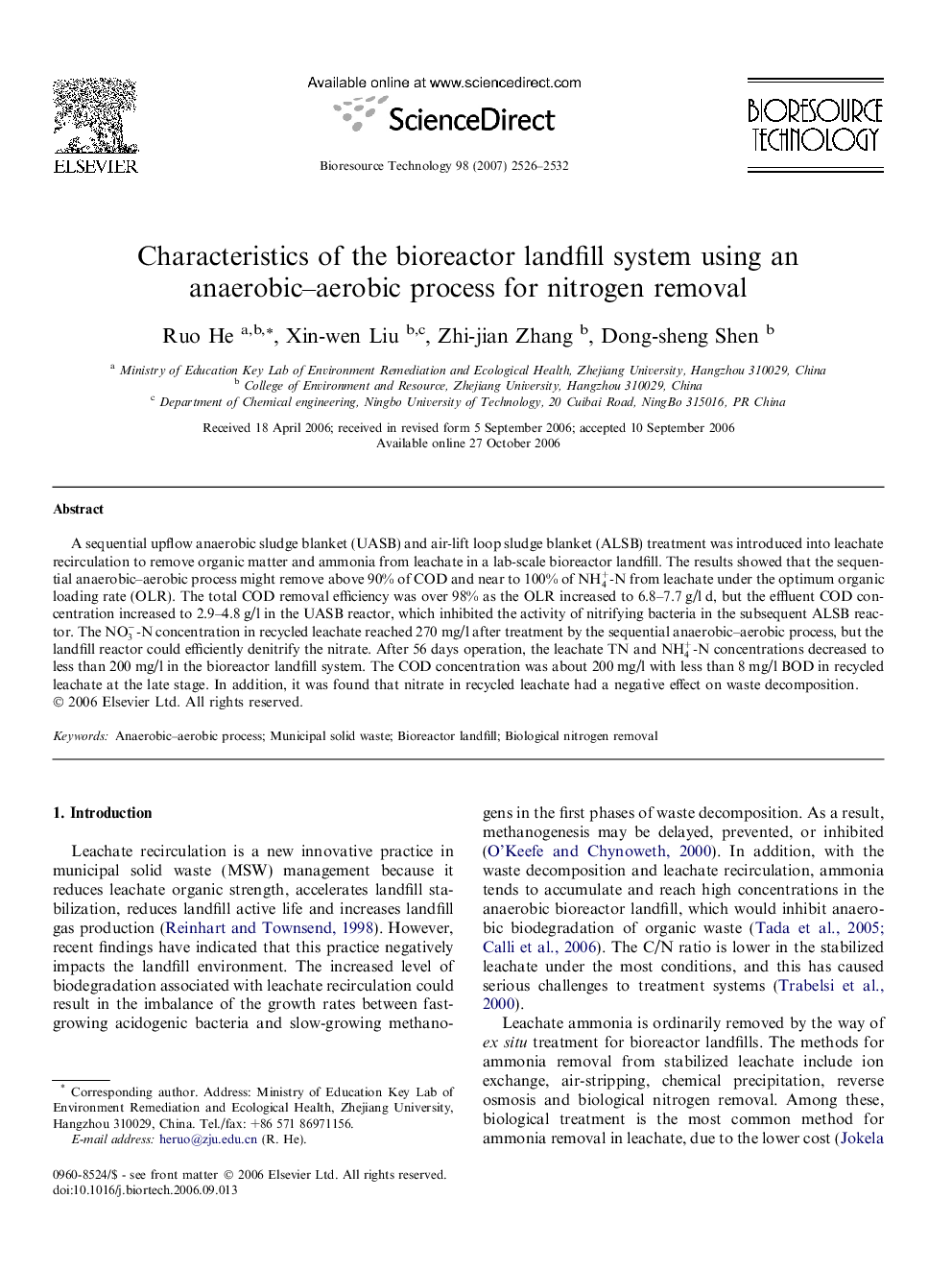 Characteristics of the bioreactor landfill system using an anaerobic–aerobic process for nitrogen removal