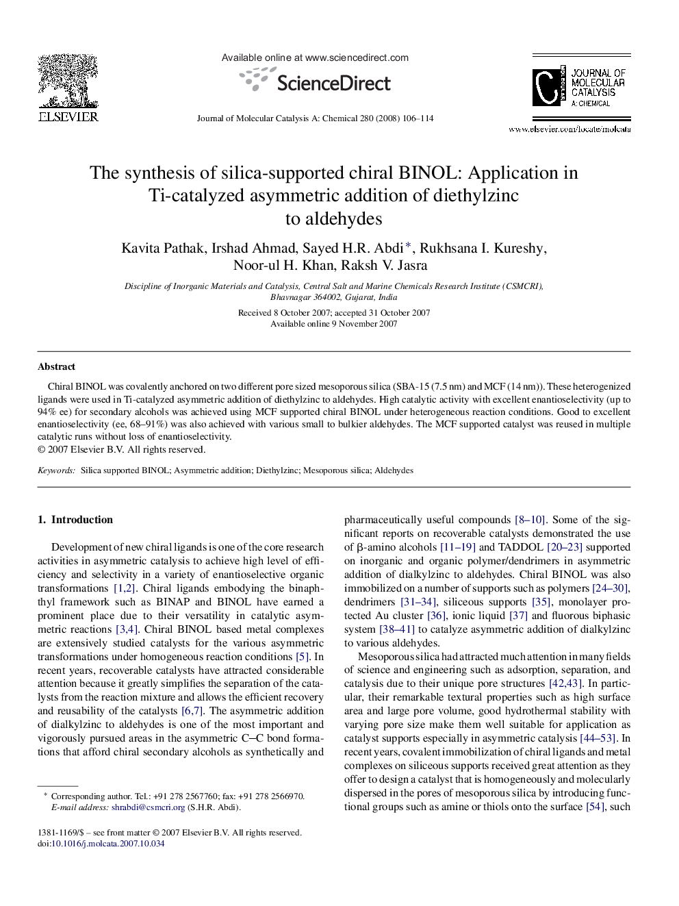 The synthesis of silica-supported chiral BINOL: Application in Ti-catalyzed asymmetric addition of diethylzinc to aldehydes