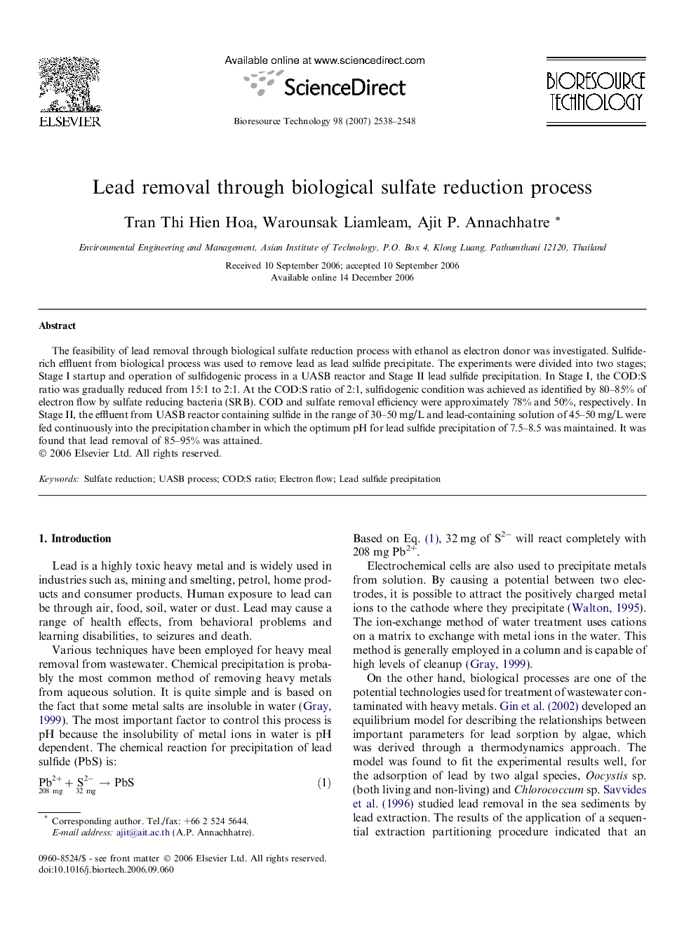 Lead removal through biological sulfate reduction process