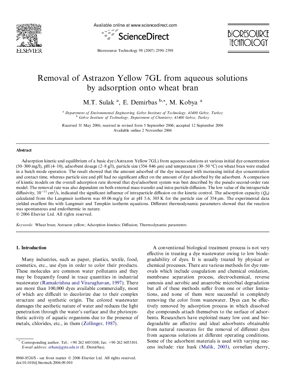 عکس صفحه اول مقاله: Removal of Astrazon Yellow 7GL from aqueous solutions by adsorption onto wheat bran Removal of Astrazon Yellow 7GL from aqueous solutions by adsorption onto wheat bran
