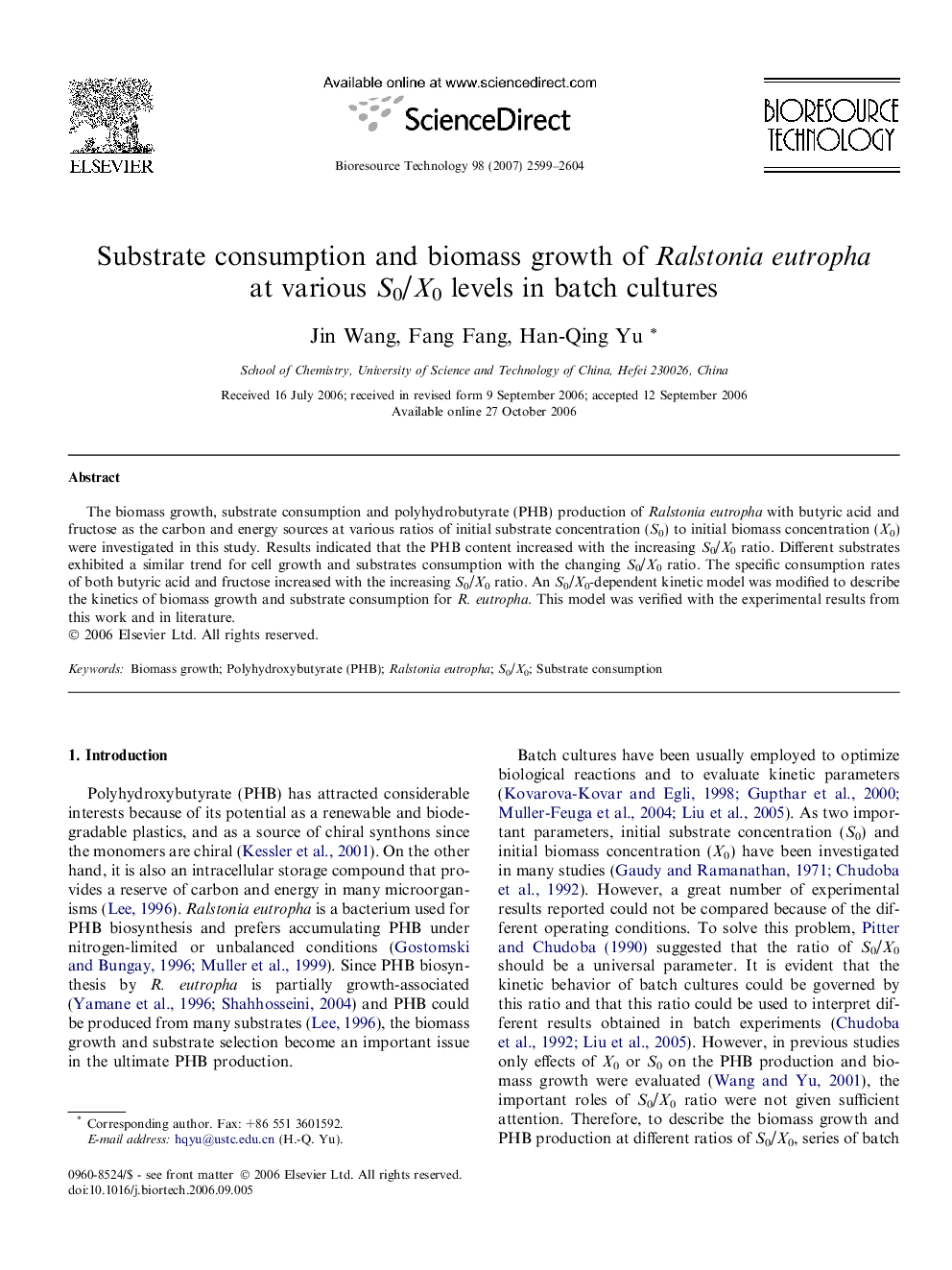 Substrate consumption and biomass growth of Ralstonia eutropha at various S0/X0 levels in batch cultures