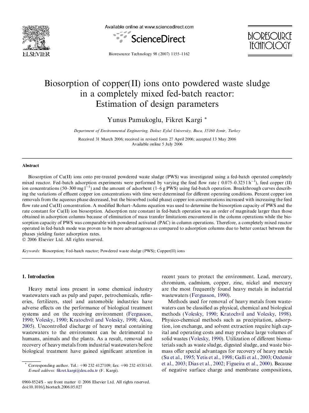 Biosorption of copper(II) ions onto powdered waste sludge in a completely mixed fed-batch reactor: Estimation of design parameters