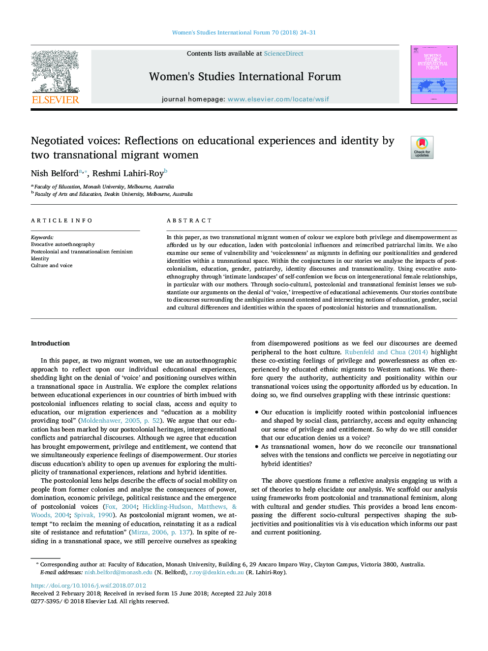 Negotiated voices: Reflections on educational experiences and identity by two transnational migrant women