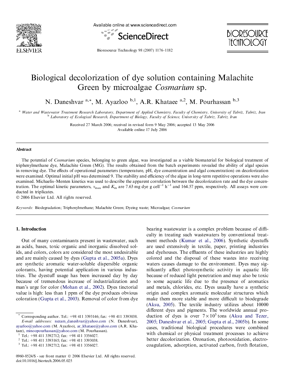 Biological decolorization of dye solution containing Malachite Green by microalgae Cosmarium sp.