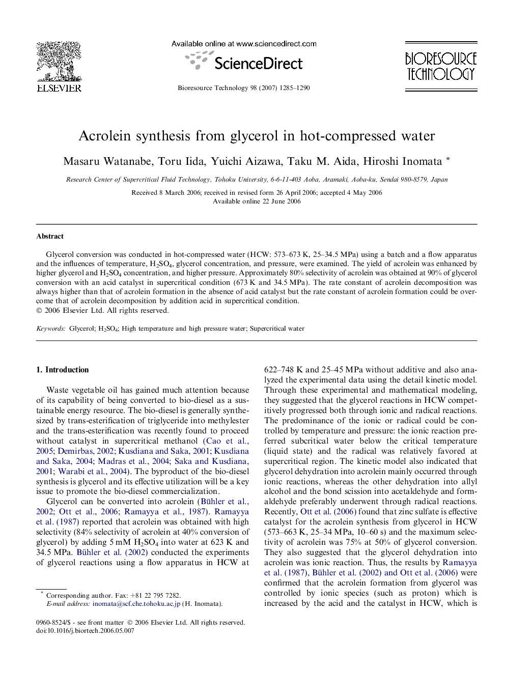 Acrolein synthesis from glycerol in hot-compressed water