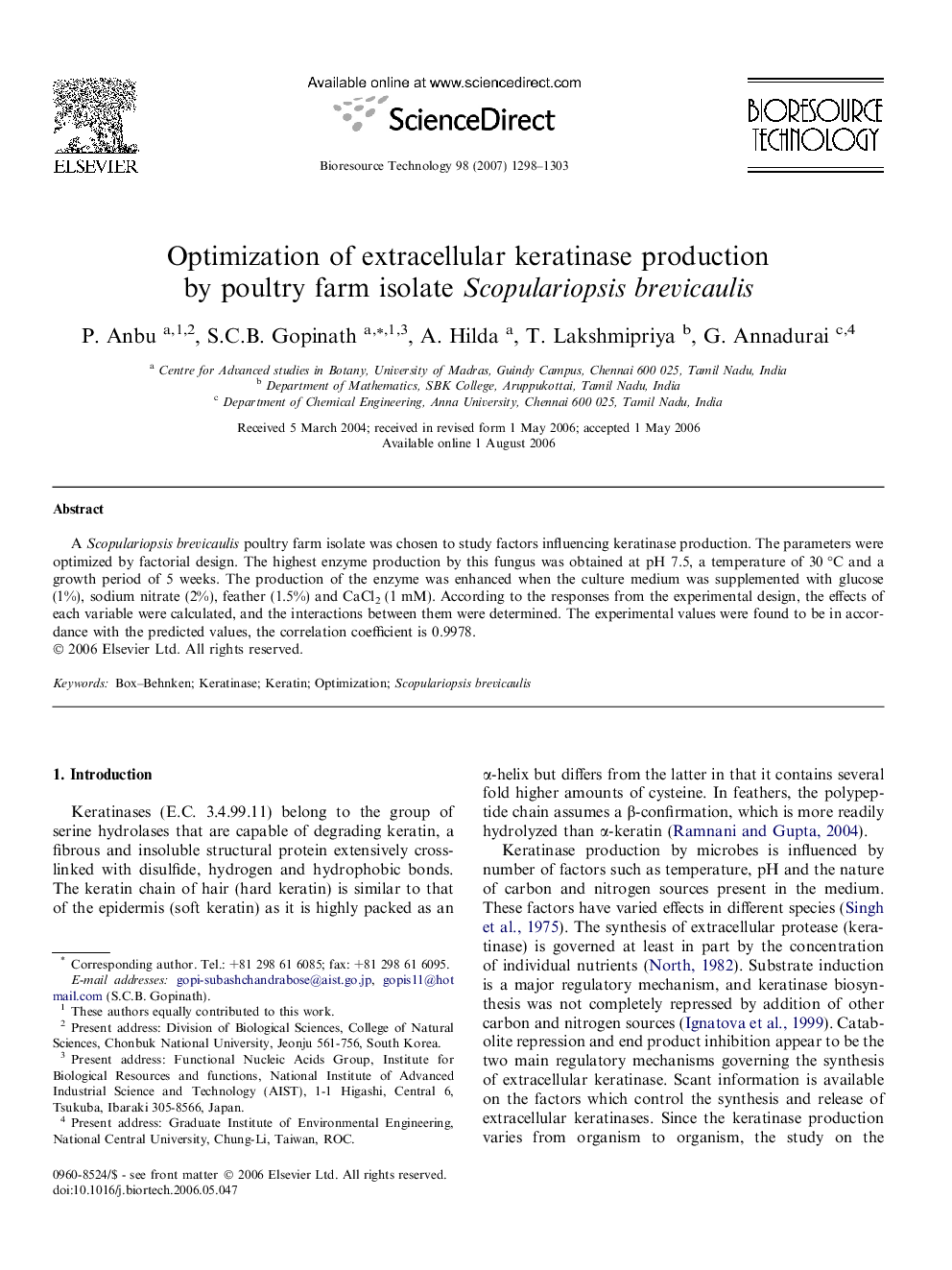 Optimization of extracellular keratinase production by poultry farm isolate Scopulariopsis brevicaulis