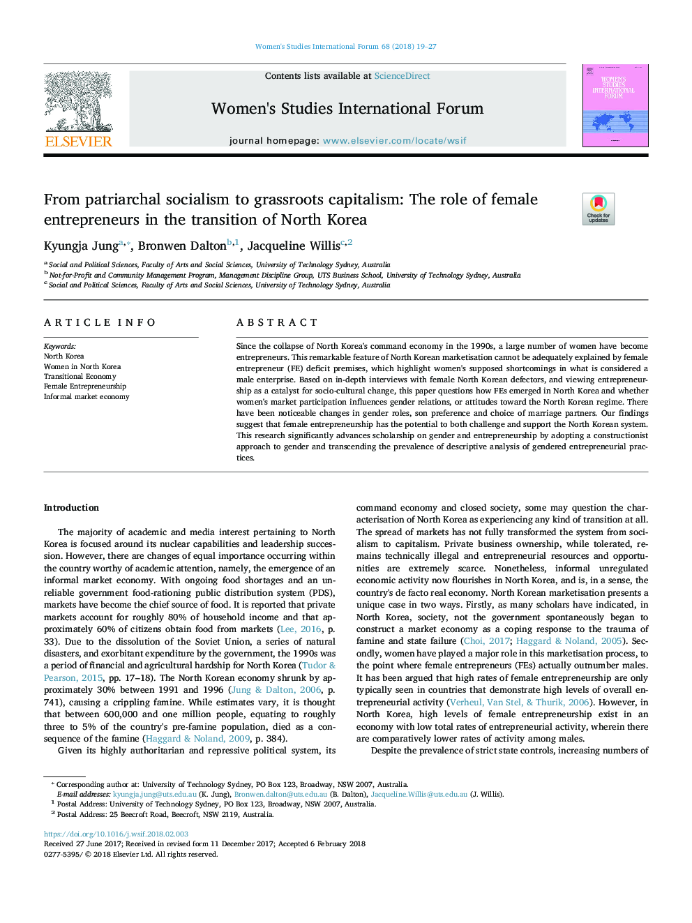 From patriarchal socialism to grassroots capitalism: The role of female entrepreneurs in the transition of North Korea