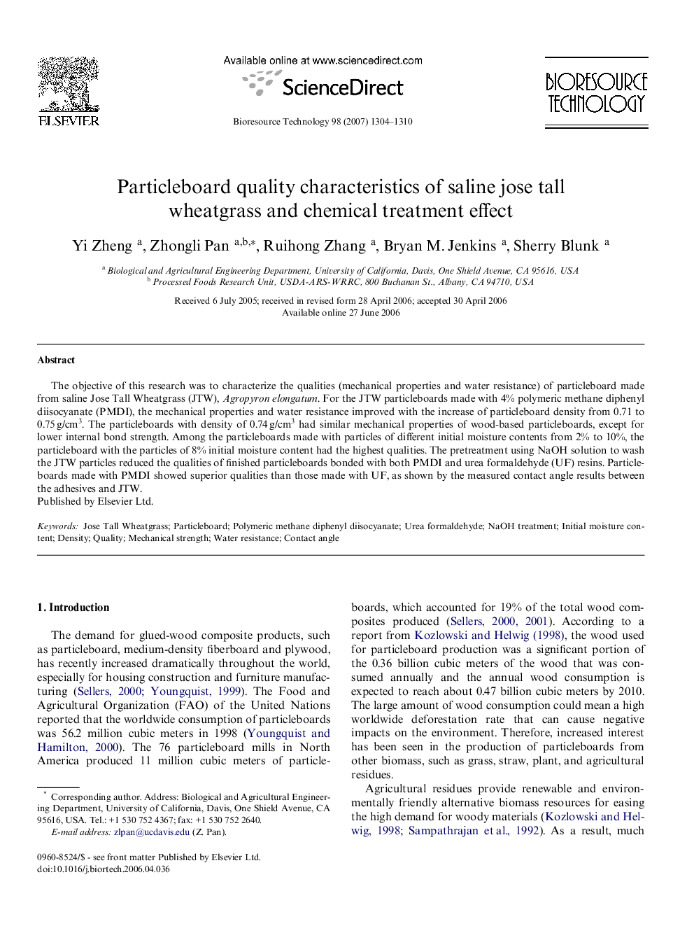 Particleboard quality characteristics of saline jose tall wheatgrass and chemical treatment effect