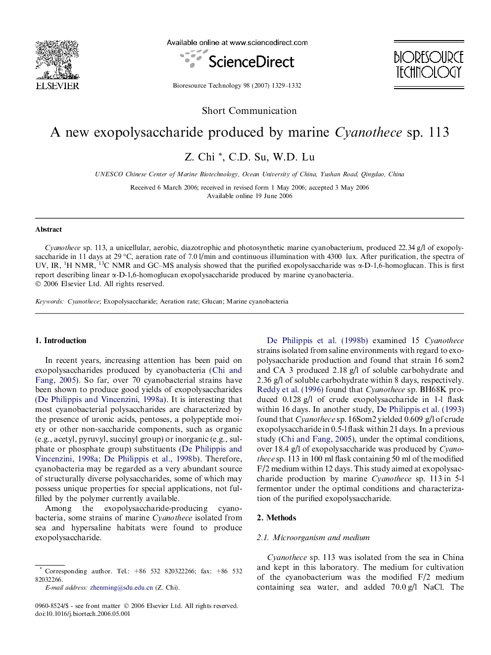 A new exopolysaccharide produced by marine Cyanothece sp. 113