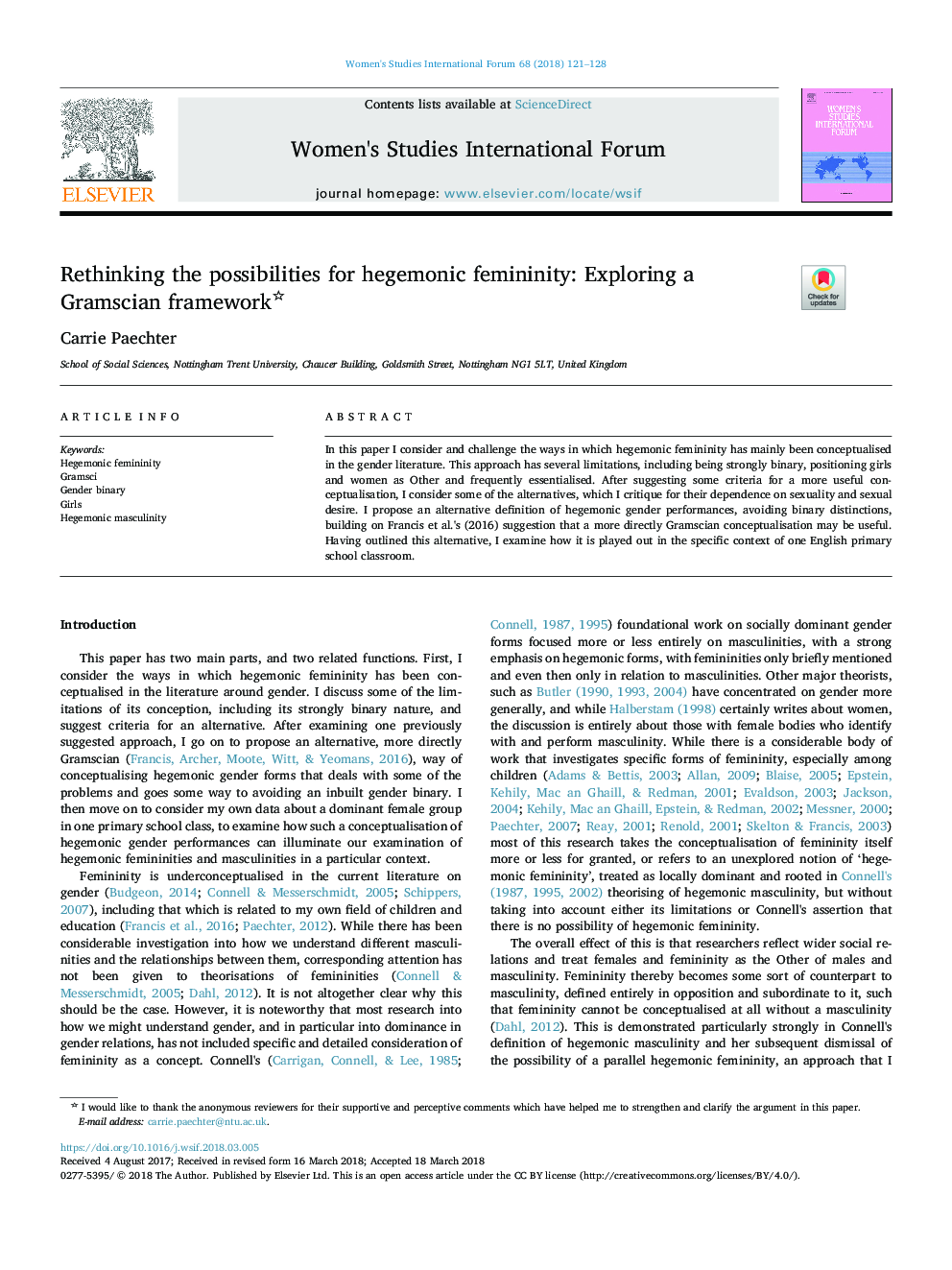 Rethinking the possibilities for hegemonic femininity: Exploring a Gramscian framework