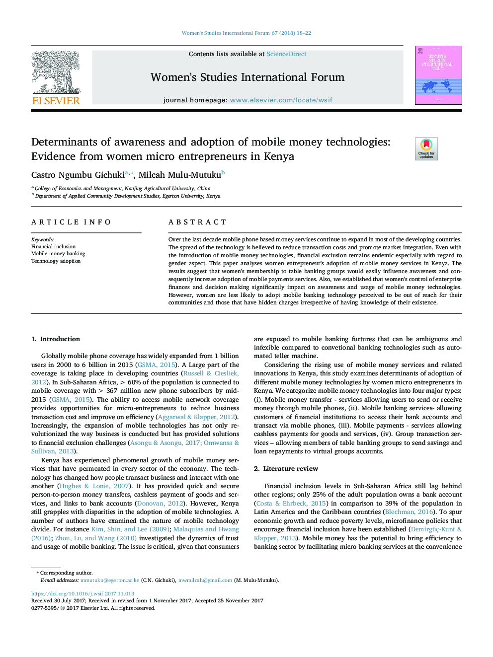 Determinants of awareness and adoption of mobile money technologies: Evidence from women micro entrepreneurs in Kenya