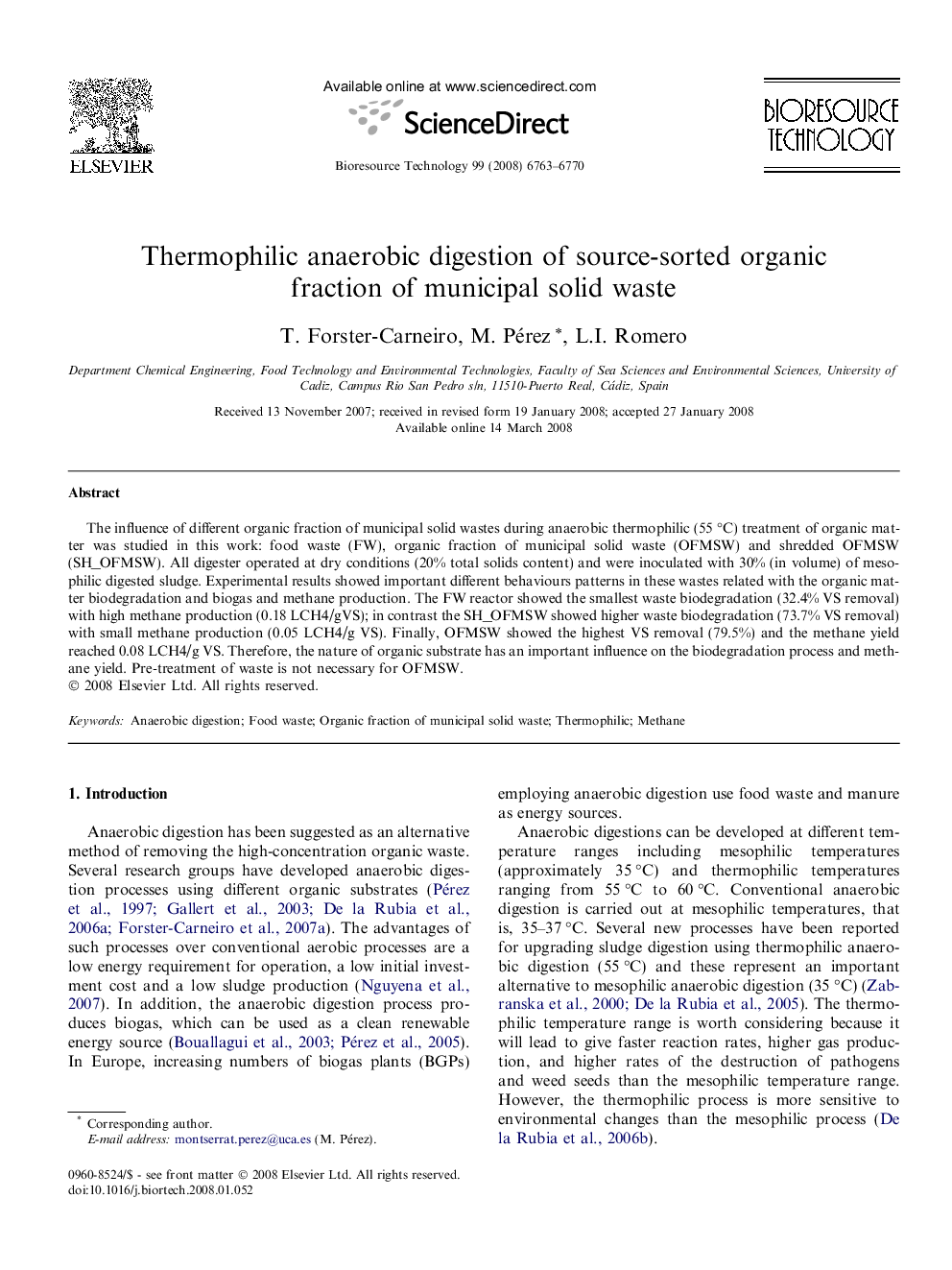 Thermophilic anaerobic digestion of source-sorted organic fraction of municipal solid waste