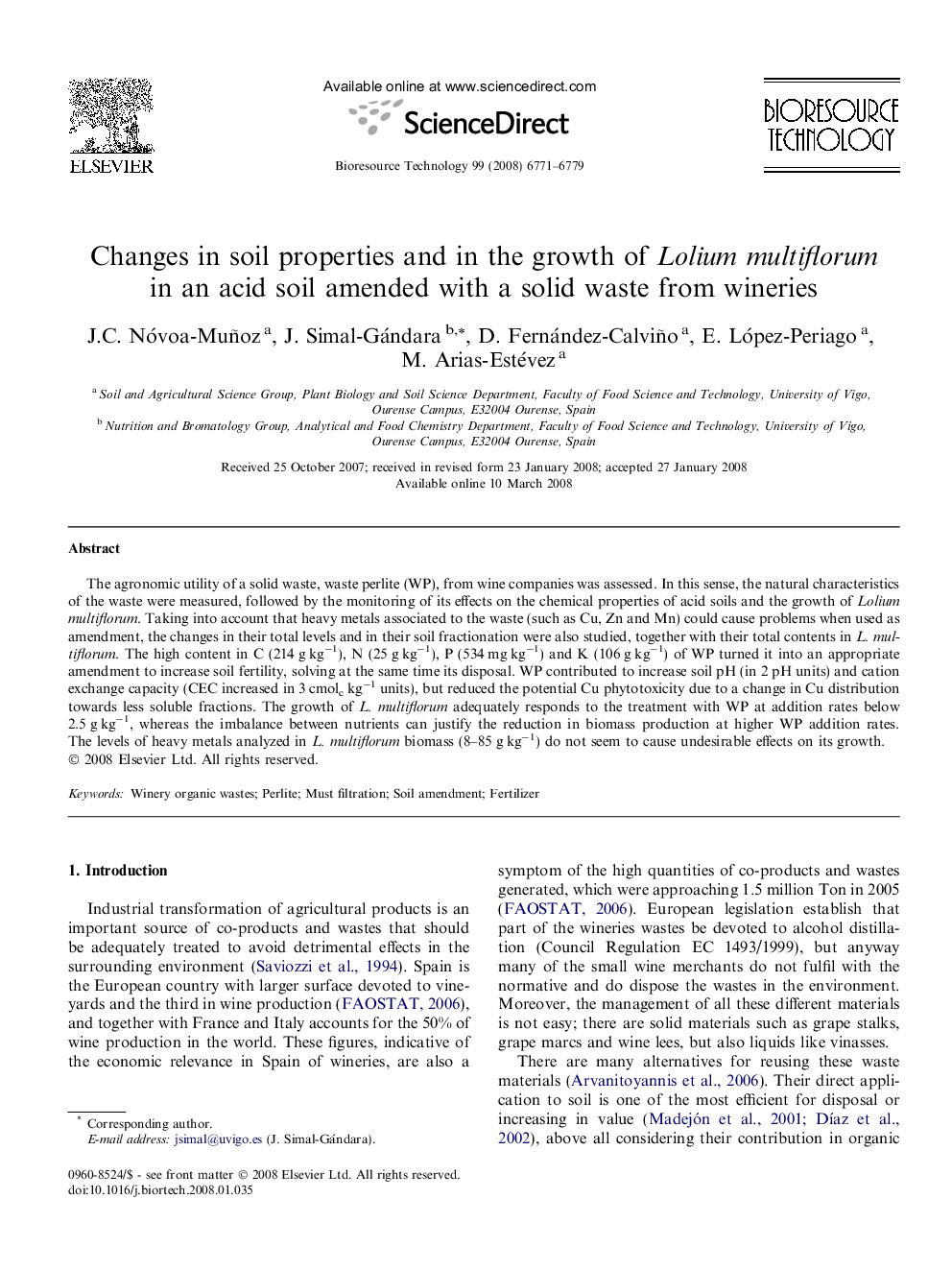 Changes in soil properties and in the growth of Lolium multiflorum in an acid soil amended with a solid waste from wineries