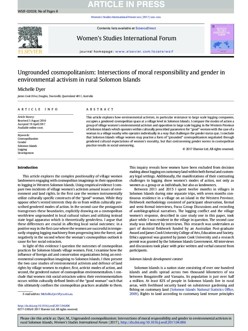 Ungrounded cosmopolitanism: Intersections of moral responsibility and gender in environmental activism in rural Solomon Islands