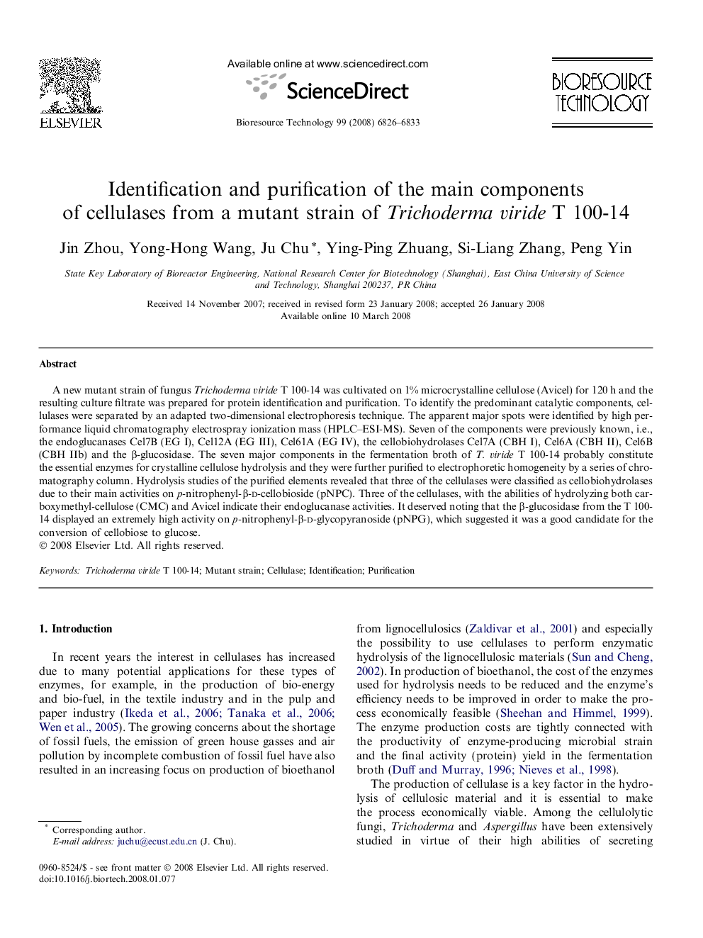 Identification and purification of the main components of cellulases from a mutant strain of Trichoderma viride T 100-14