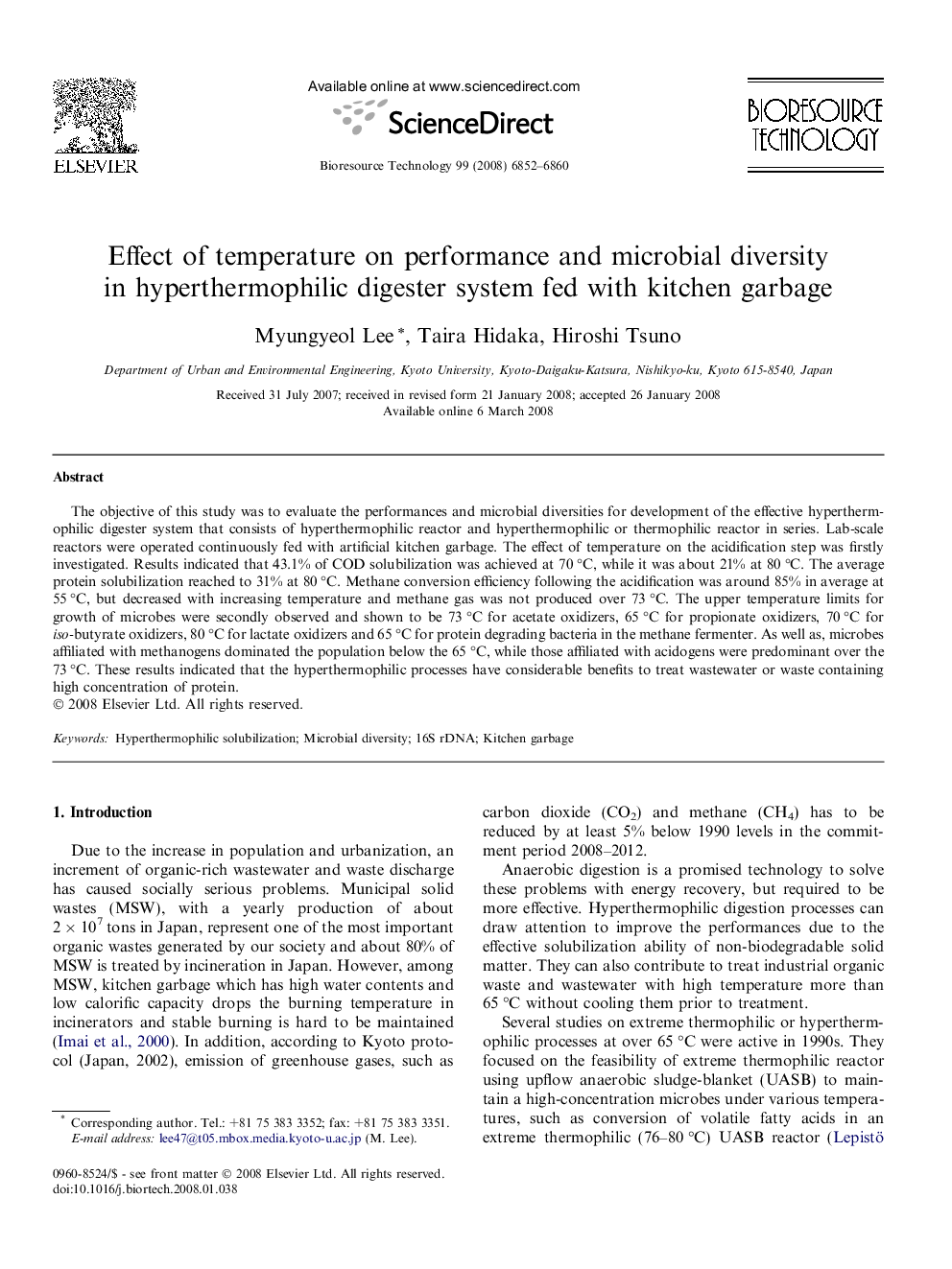 Effect of temperature on performance and microbial diversity in hyperthermophilic digester system fed with kitchen garbage