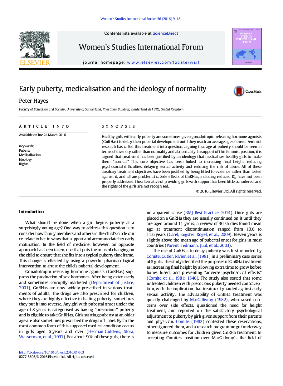 Early puberty, medicalisation and the ideology of normality