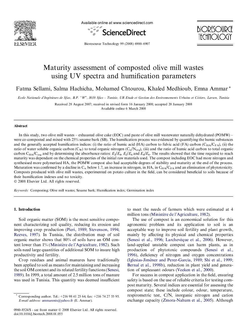 Maturity assessment of composted olive mill wastes using UV spectra and humification parameters