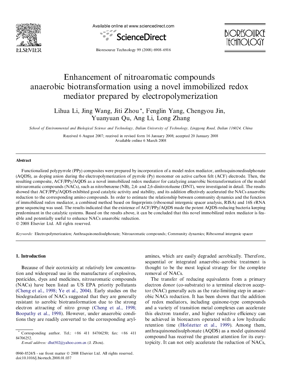 Enhancement of nitroaromatic compounds anaerobic biotransformation using a novel immobilized redox mediator prepared by electropolymerization