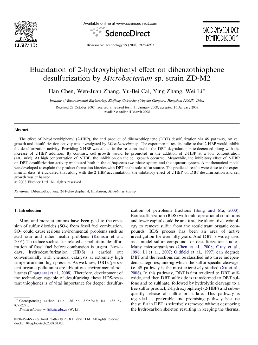 Elucidation of 2-hydroxybiphenyl effect on dibenzothiophene desulfurization by Microbacterium sp. strain ZD-M2