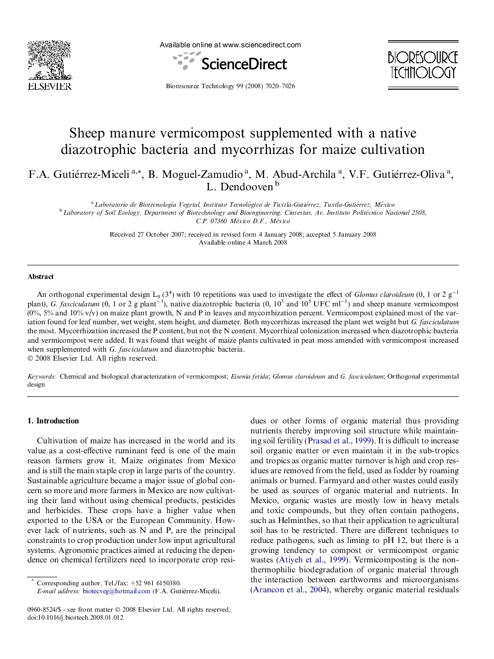 Sheep manure vermicompost supplemented with a native diazotrophic bacteria and mycorrhizas for maize cultivation