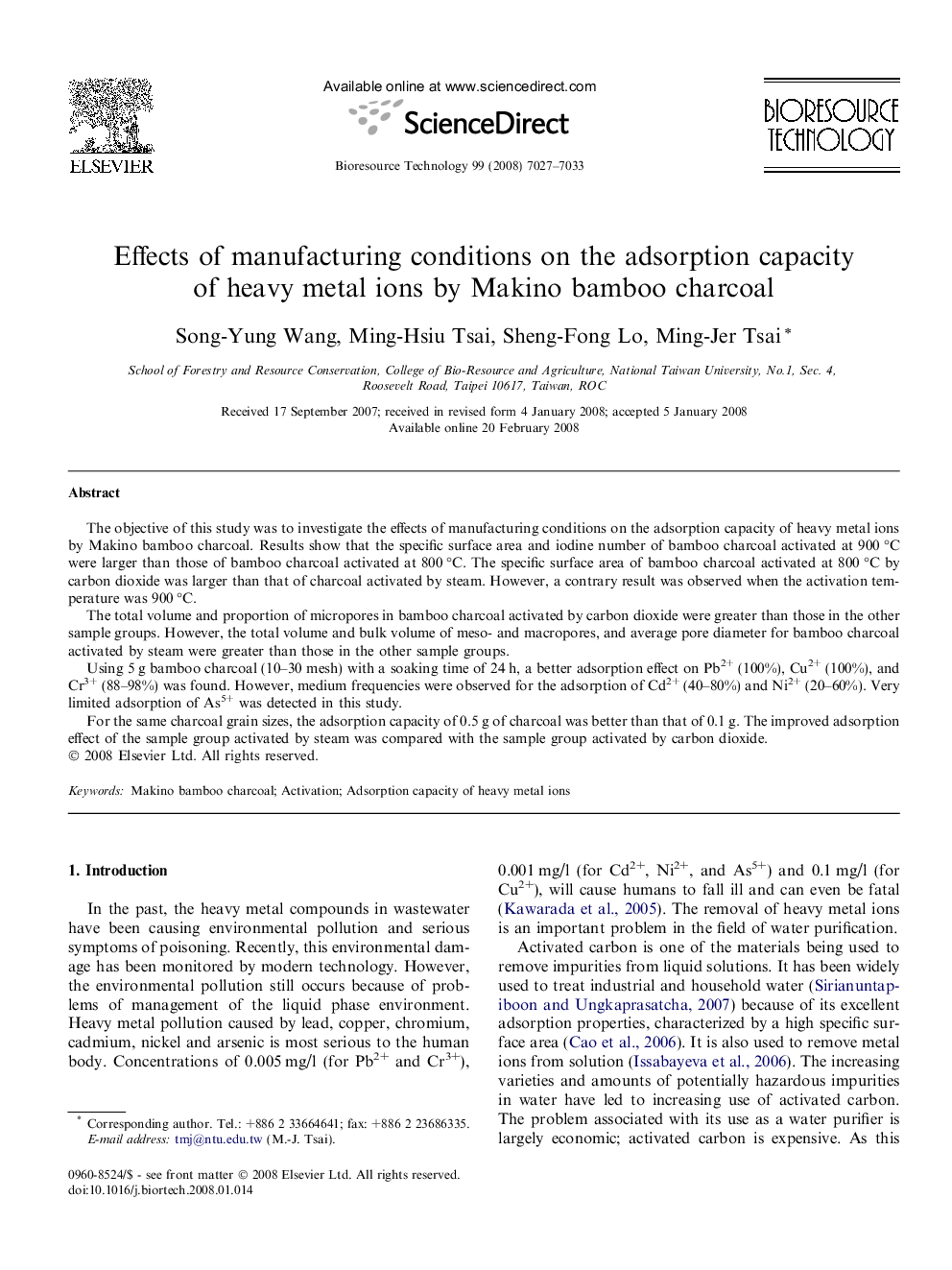 Effects of manufacturing conditions on the adsorption capacity of heavy metal ions by Makino bamboo charcoal