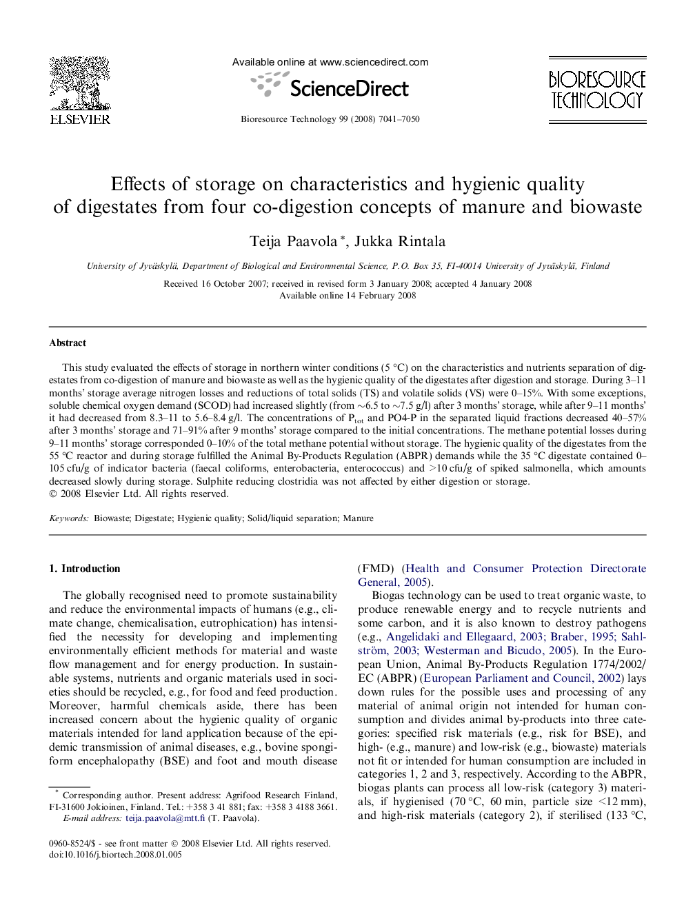 Effects of storage on characteristics and hygienic quality of digestates from four co-digestion concepts of manure and biowaste